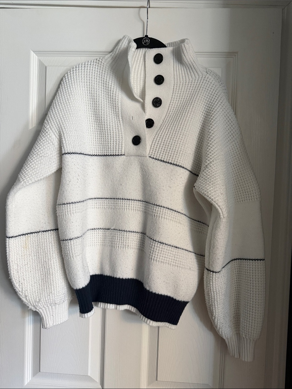 White Button-Neck Knit Sweater with Navy Trim